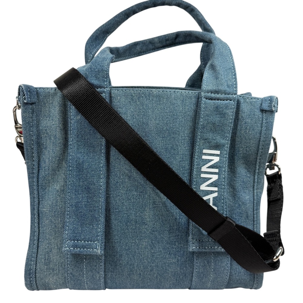 Ganni Tech Denim Tote Bag Small Crossbody Logo Print Handbag